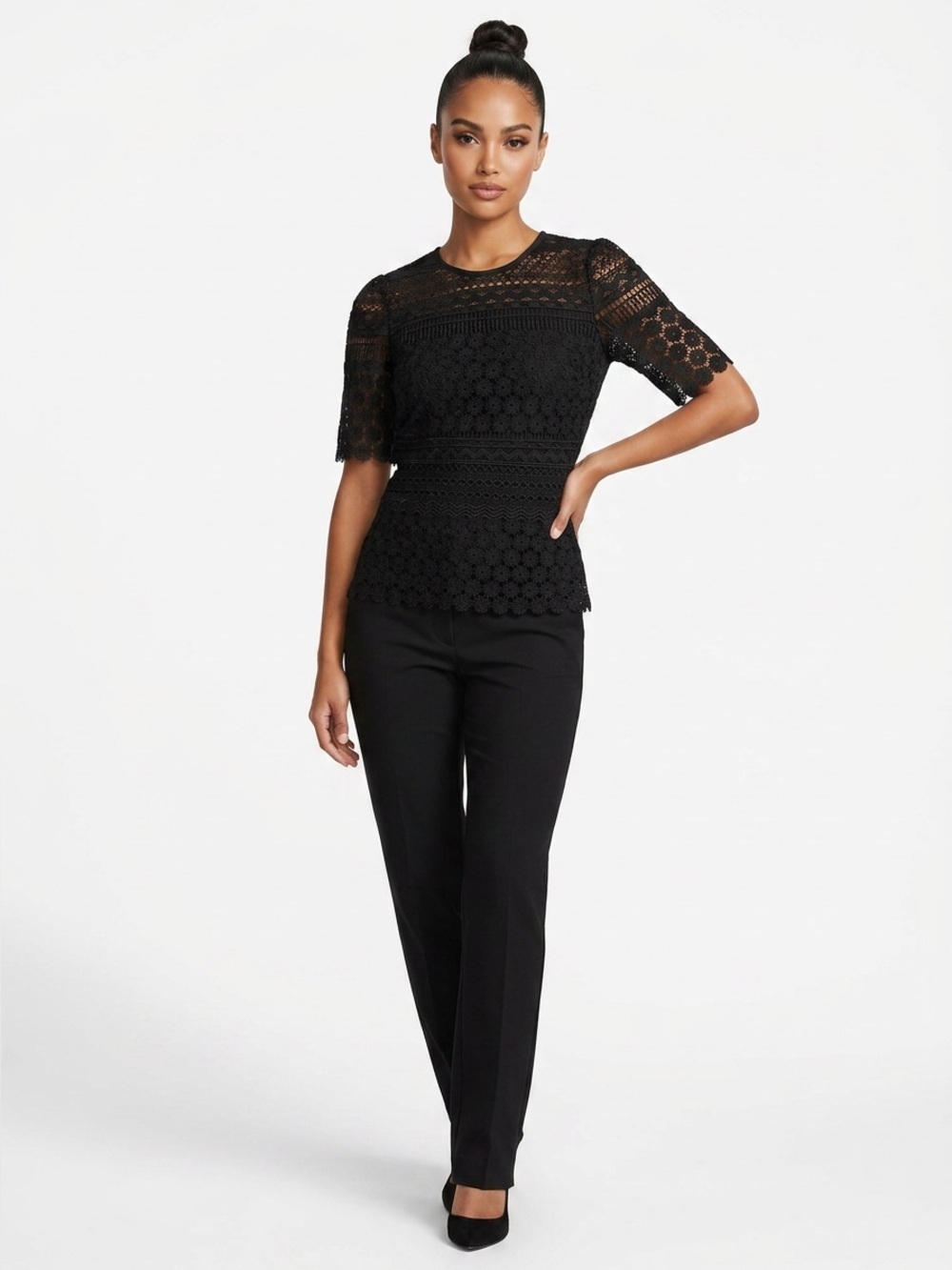 Express Black Crochet Embroidered Lace Short Sleeve Top Back Zipper Sz XS Gothic